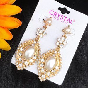 Boho Earrings Drop Pearls Rhinestone Goldtone Post
